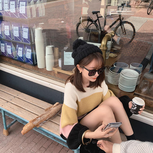 金蘑菇菇 私服驼绒毛衣女内搭中长款宽松bf风套头条纹单穿针织衫 商品图2