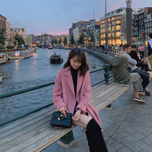 金蘑菇菇 高端双面呢大衣长袖翻领中长款双排扣外套 商品图3