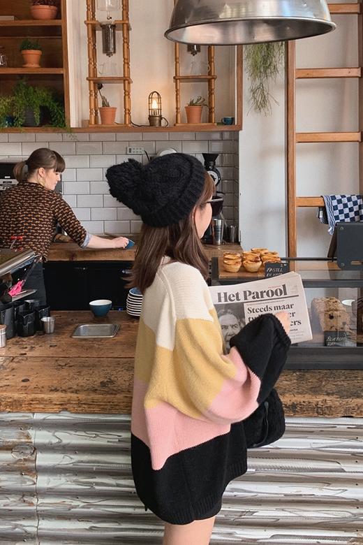 金蘑菇菇 私服驼绒毛衣女内搭中长款宽松bf风套头条纹单穿针织衫 商品图5