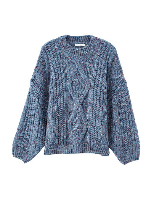 茵曼冬装新款纯色圆领落肩袖立体提花宽松保暖套头毛衣女