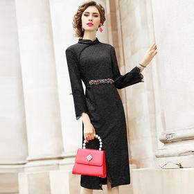 FMY-26089秋季中长款黑色蕾丝开叉丝绒裙