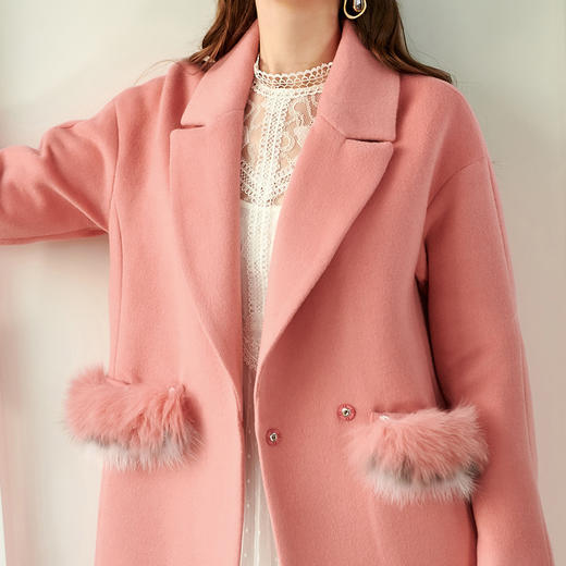 欧芮儿2019秋翻领呢子大衣女长袖粉色毛呢外套女中长款 商品图3