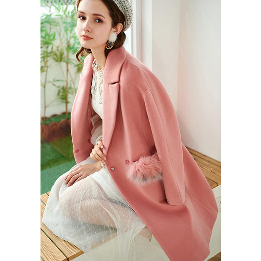 欧芮儿2019秋翻领呢子大衣女长袖粉色毛呢外套女中长款 商品图1
