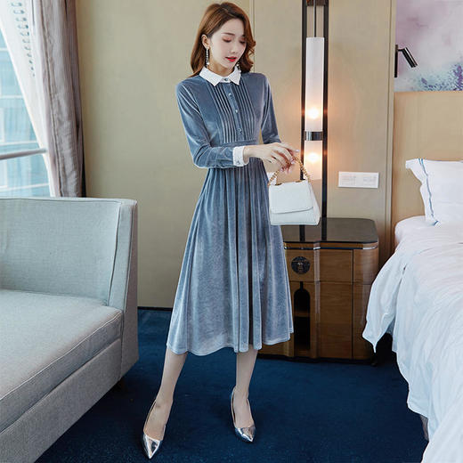 HT5143 金丝绒连衣裙女秋冬收腰显瘦丝绒气质女神范衣服 商品图2