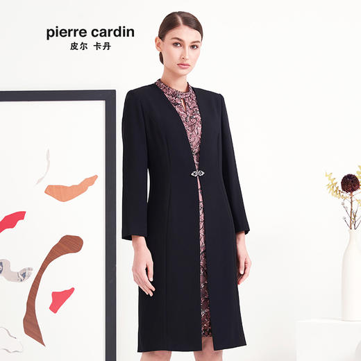 皮尔卡丹女黑色长袖秋季连衣裙时尚假两件职业装一步裙P93DL01B3
 商品图0