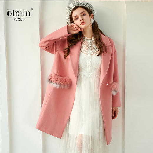 欧芮儿2019秋翻领呢子大衣女长袖粉色毛呢外套女中长款 商品图0