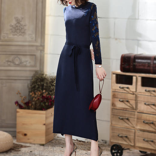 MY-M-026民族风中式复古V领中长款旗袍改良连衣裙 商品图2