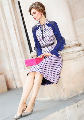 FMY-25997秋季新款衬衣领撞色裙荷叶边长袖显瘦a字裙