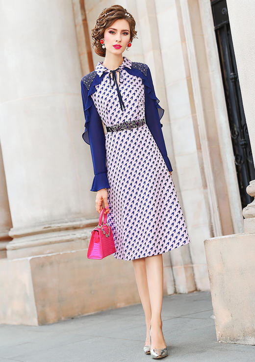 FMY-25997秋季新款衬衣领撞色裙荷叶边长袖显瘦a字裙 商品图2