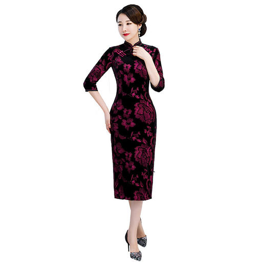 JLM-9025秋季新款丝绒旗袍长款绣花走秀旗袍 商品图3