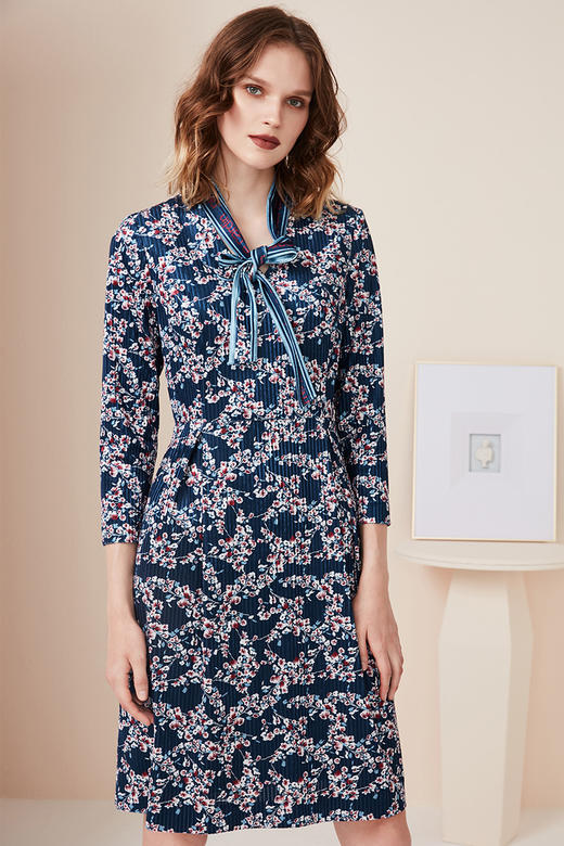 皮尔卡丹女装秋冬新款条纹状碎花连衣裙知性女装A字裙P94DL23L3
 商品图5