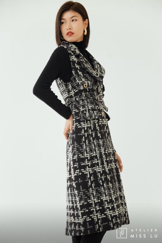 AtelierMissLu / Odete-黑白粗呢格修身长马甲 商品图12