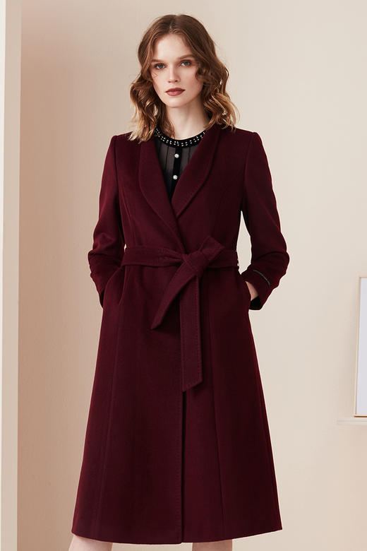 皮尔卡丹女装专柜正品羊毛呢大衣时尚系带淑女外套P94CH11T0
 商品图5