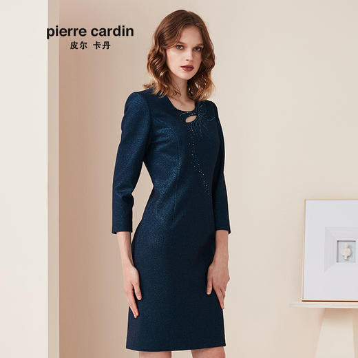 皮尔卡丹女装专柜正品蓝色圆领长袖连衣裙时尚包臀裙P94DL09L0
 商品图1