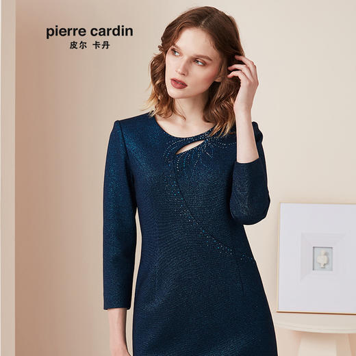 皮尔卡丹女装专柜正品蓝色圆领长袖连衣裙时尚包臀裙P94DL09L0
 商品图4