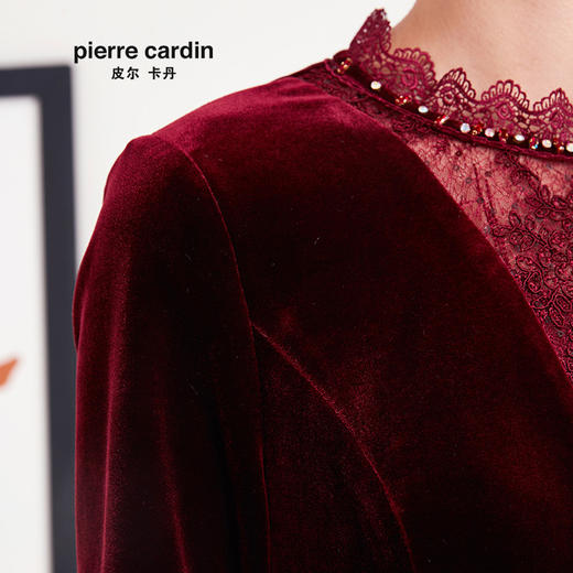 皮尔卡丹女装专柜正品酒红色长袖连衣裙小立领A字裙P93DL25R2
 商品图3