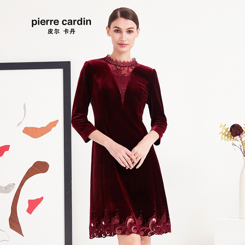 皮尔卡丹女装专柜正品酒红色长袖连衣裙小立领A字裙P93DL25R2
