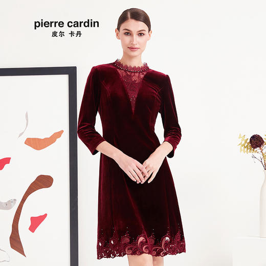 皮尔卡丹女装专柜正品酒红色长袖连衣裙小立领A字裙P93DL25R2
 商品图0