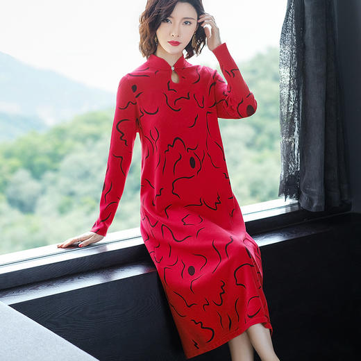 FCY-MG93709新款中国风印花针织连衣裙TZF 商品图0