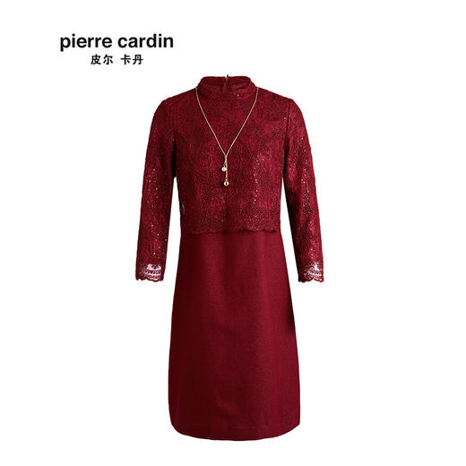 皮尔卡丹女装专柜正品酒红色蕾丝拼接假两件秋冬连衣裙P93DL26T0
 商品图4