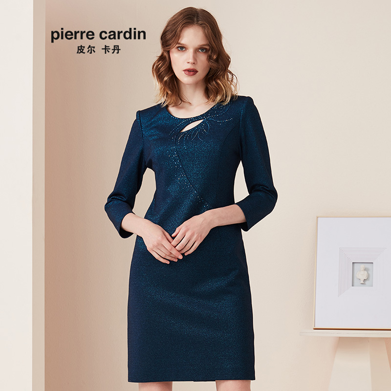 皮尔卡丹女装专柜正品蓝色圆领长袖连衣裙时尚包臀裙P94DL09L0
