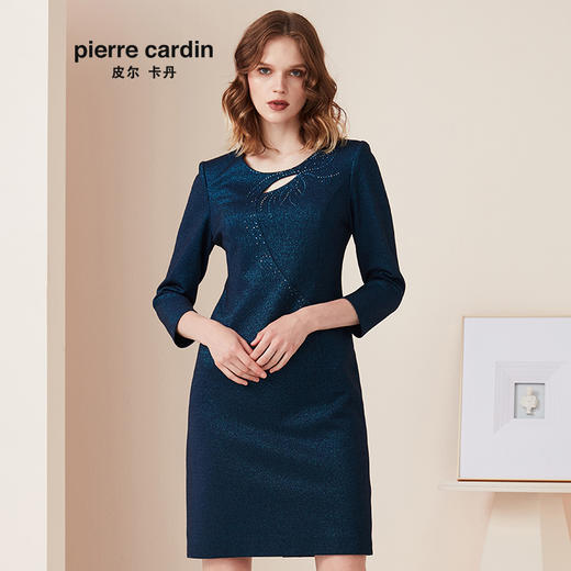 皮尔卡丹女装专柜正品蓝色圆领长袖连衣裙时尚包臀裙P94DL09L0
 商品图0