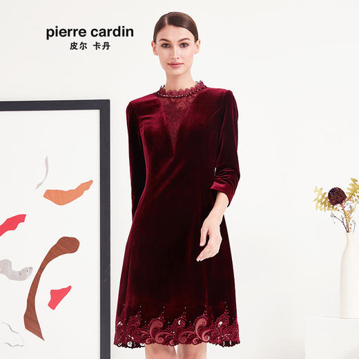 皮尔卡丹女装专柜正品酒红色长袖连衣裙小立领A字裙P93DL25R2
 商品图1