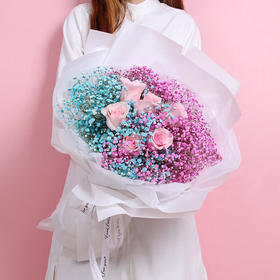 像云-6朵粉玫瑰+彩色满天星混搭-全国鲜花速递同城鲜花店配送生日花北京上海杭州广州深圳订花送花