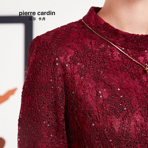 皮尔卡丹女装专柜正品酒红色蕾丝拼接假两件秋冬连衣裙P93DL26T0
 商品图3