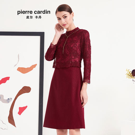 皮尔卡丹女装专柜正品酒红色蕾丝拼接假两件秋冬连衣裙P93DL26T0
 商品图1