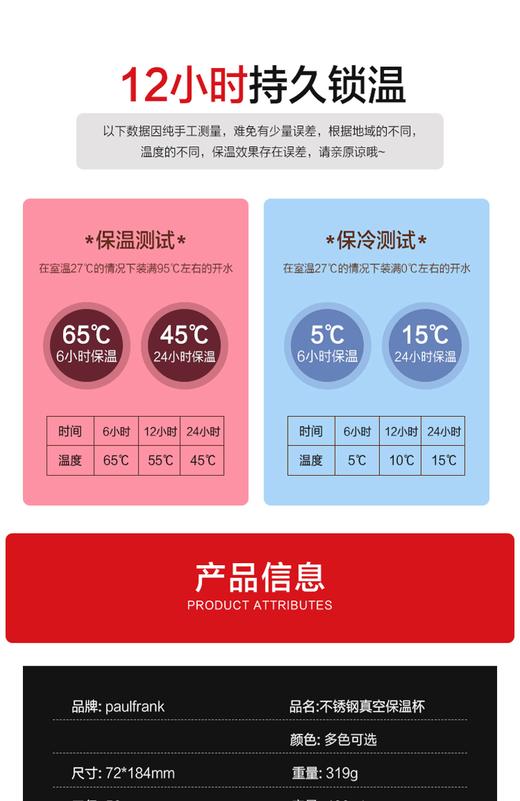 【一般贸易】美国 大嘴猴Paul frank不锈钢真空保温杯黑色400mlJPY带授权招加盟代理 商品图1