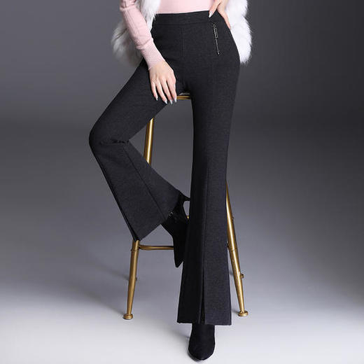 毛呢垂感喇叭裤2019新款秋冬时尚休闲长裤洋气开叉黑色微喇裤女ty965