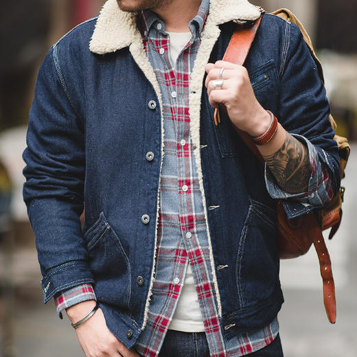 马登工装美式复古仿羊羔绒外套冬季阿美咔叽棉衣丹宁牛仔夹克男