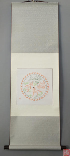 【文创】原拓挂轴戏鱼图彩拓WG056