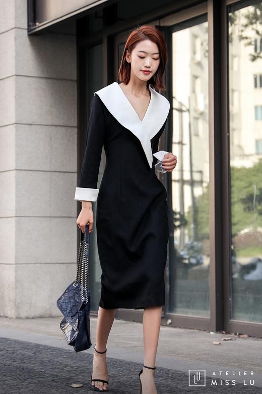 AtelierMissLu / Odelette-黑白翻领复古连身裙 商品图8