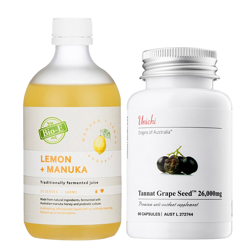 【香港直邮】澳洲Bio E柠檬蜂蜜酵素 500毫升+澳洲Unichi 澳源优驰 丹拿葡萄籽精华胶囊 60粒/瓶JPY带授权招加盟代理