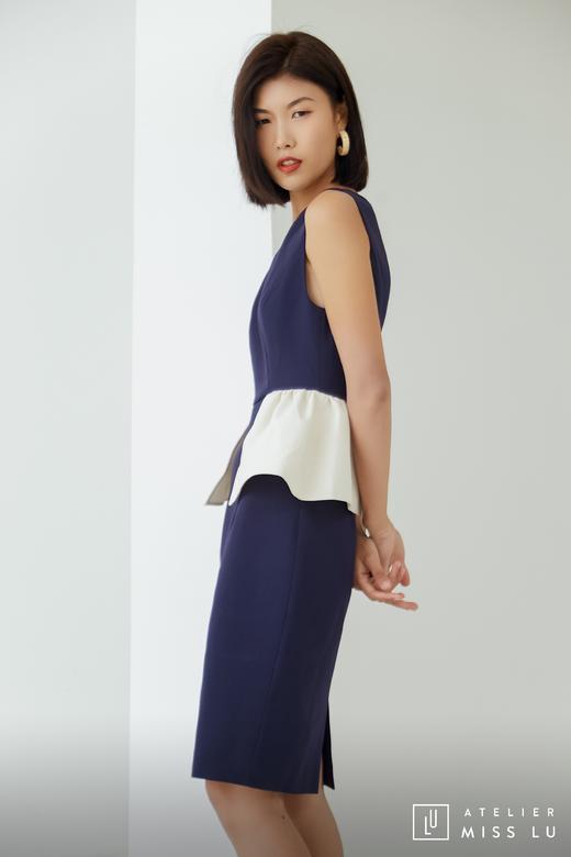 AtelierMissLu / Pola-藏青拼白腰间褶皱装饰连身裙 商品图8