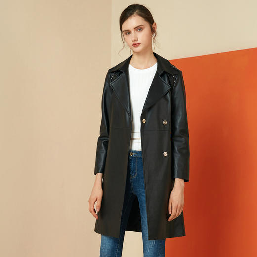 EITIE爱特爱女装秋冬时尚翻领挺括收腰羊皮外套皮衣中款6093705 商品图0