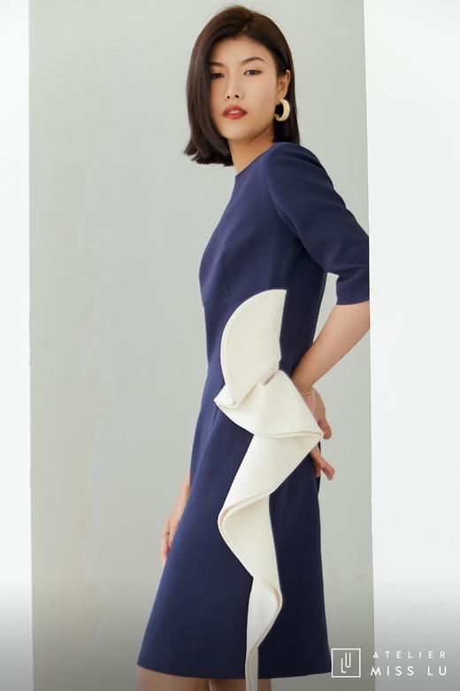 AtelierMissLu / Nora-藏青拼白腰侧褶皱装饰连身裙 商品图13