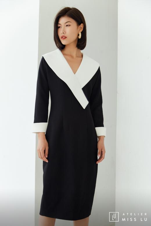 AtelierMissLu / Odelette-黑白翻领复古连身裙 商品图1