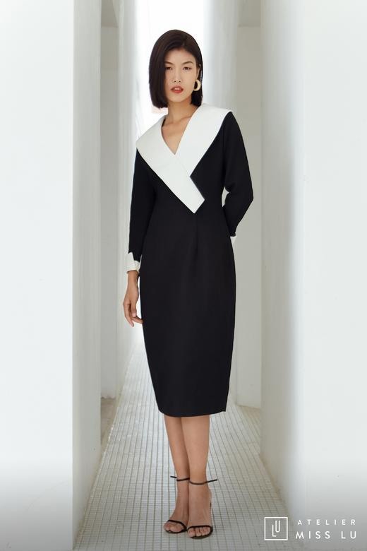 AtelierMissLu / Odelette-黑白翻领复古连身裙 商品图0