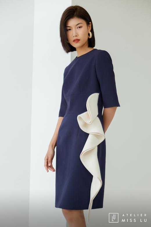 AtelierMissLu / Nora-藏青拼白腰侧褶皱装饰连身裙 商品图9