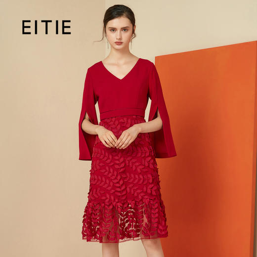 EITIE爱特爱女装秋精致网纱刺绣袖口开叉V领礼服连衣裙6077722 商品图0