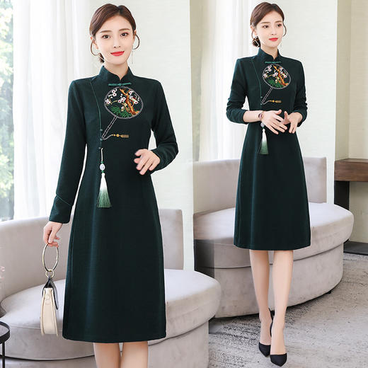 AHM  yslg8288长袖复古绣花中长款旗袍式连衣裙【优】 商品图1