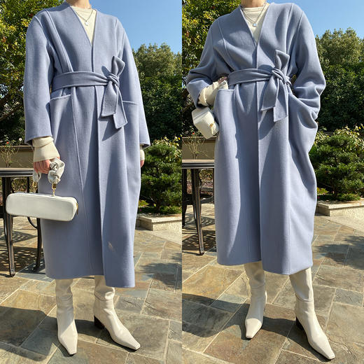 HIDEMI 雾霾蓝山羊绒大衣/腰带立体口袋设计感/高支高克重山羊绒 商品图6