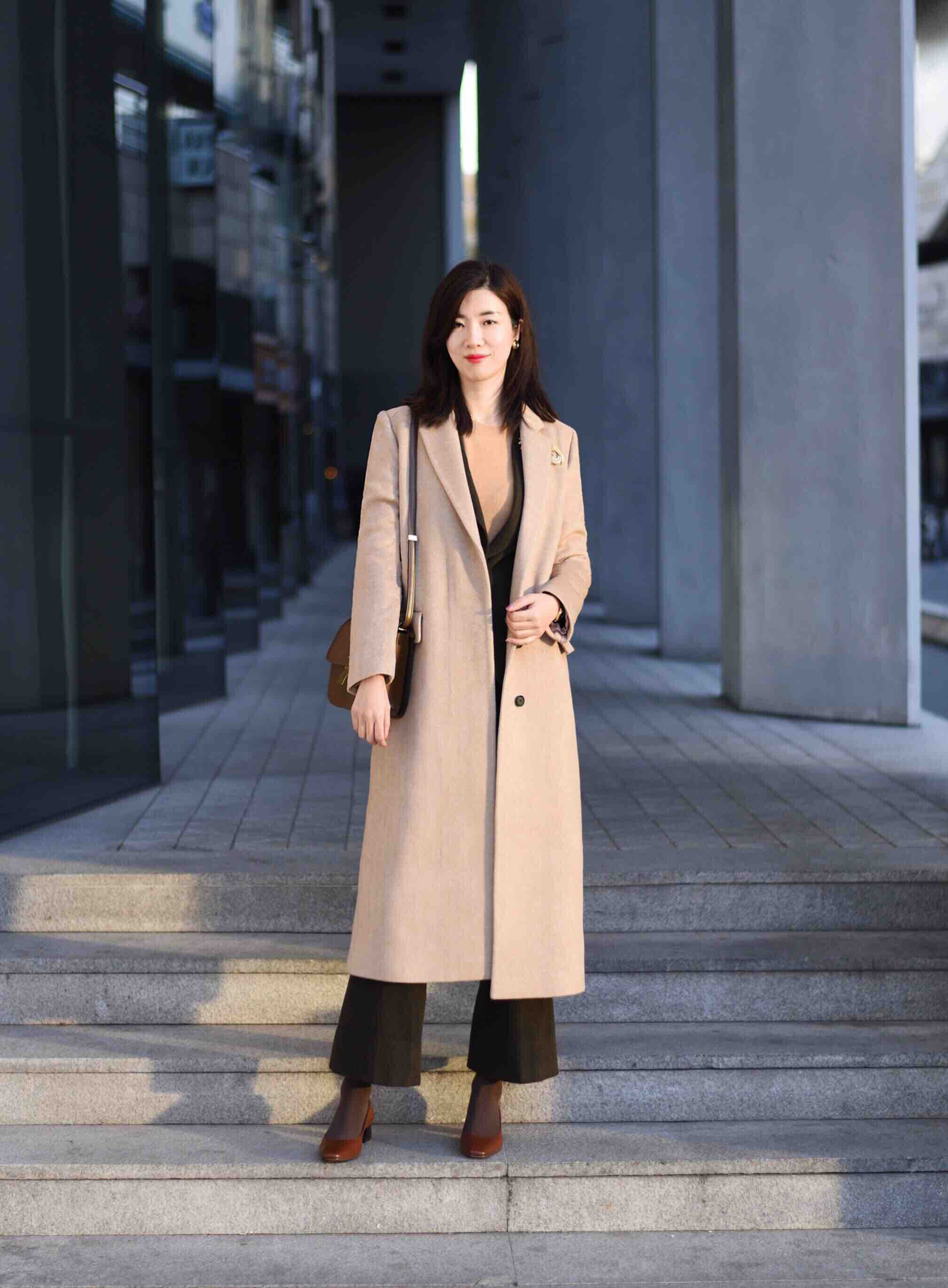 moonty茉兮高级定制 白杏混色 西装领h型意大利进口暗斜纹羊绒大衣