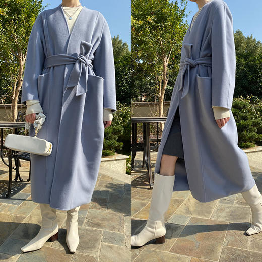 HIDEMI 雾霾蓝山羊绒大衣/腰带立体口袋设计感/高支高克重山羊绒 商品图7