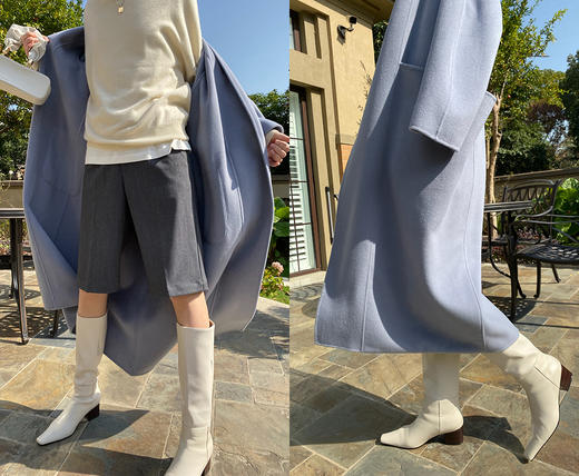 HIDEMI 雾霾蓝山羊绒大衣/腰带立体口袋设计感/高支高克重山羊绒 商品图8