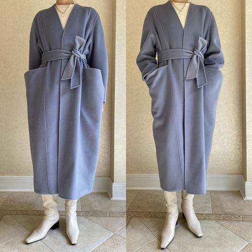 HIDEMI 雾霾蓝山羊绒大衣/腰带立体口袋设计感/高支高克重山羊绒 商品图5