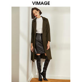 VIMAGE纬漫纪秋冬新款帅气英伦风双排扣大衣中长款女外套V1014603